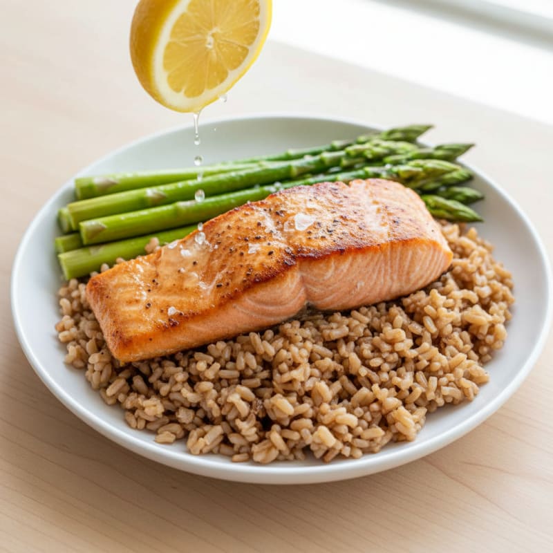Seared Salmon Filet with Steamed Asparagus and Brown Rice