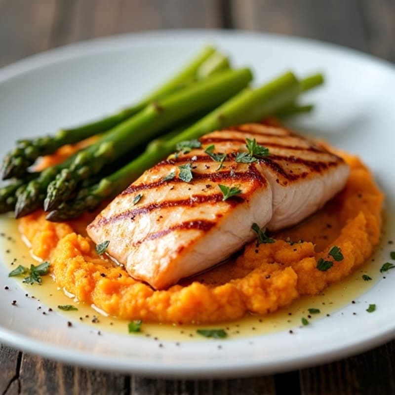 Seared Salmon Filet with Roasted Asparagus and Sweet Potato Mash