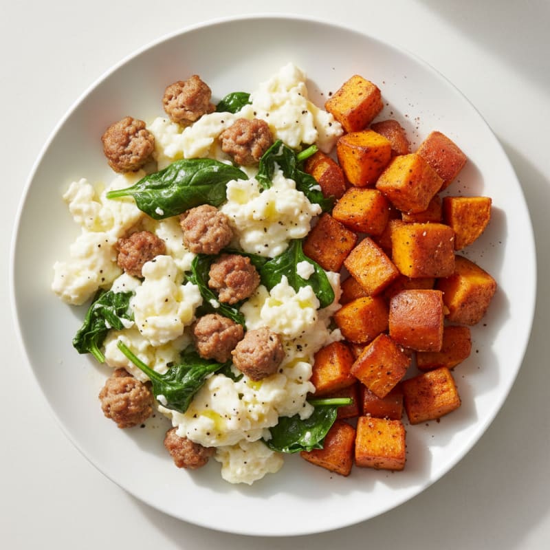 Egg White and Turkey Sausage Scramble with Spinach and Roasted Sweet Potatoes