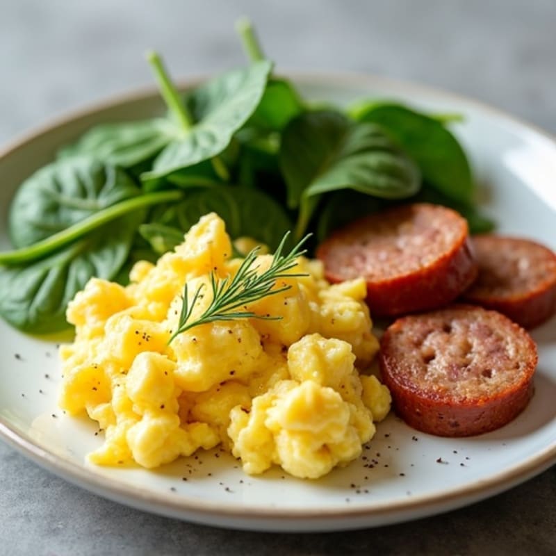 Fluffy Eggs with Lean Turkey Sausage and Fresh Spinach
