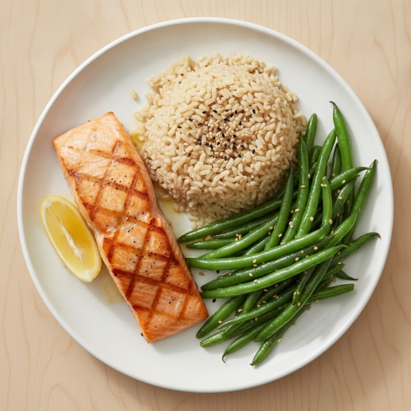 Seared Salmon Fillet with Garlic Green Beans and Brown Rice
