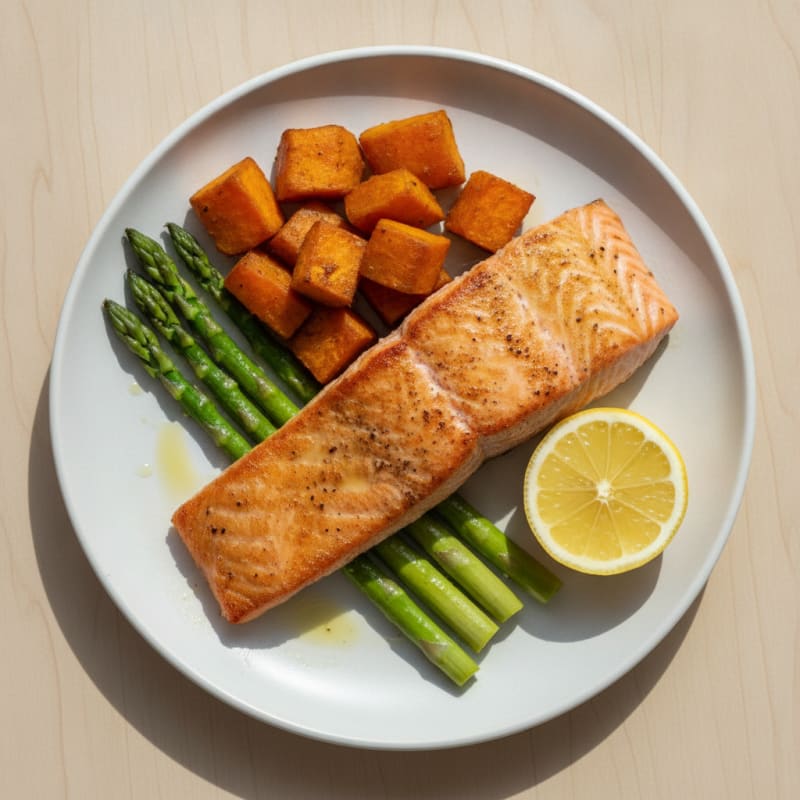 Seared Salmon with Roasted Sweet Potato and Asparagus
