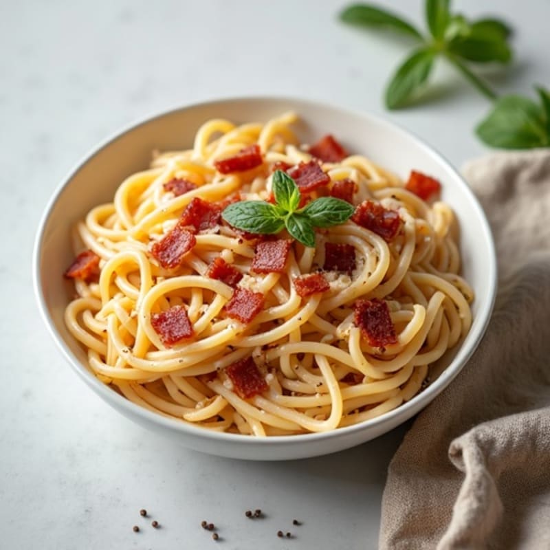 Creamy Whole Wheat Spaghetti with Crispy Turkey Bacon and Black Pepper