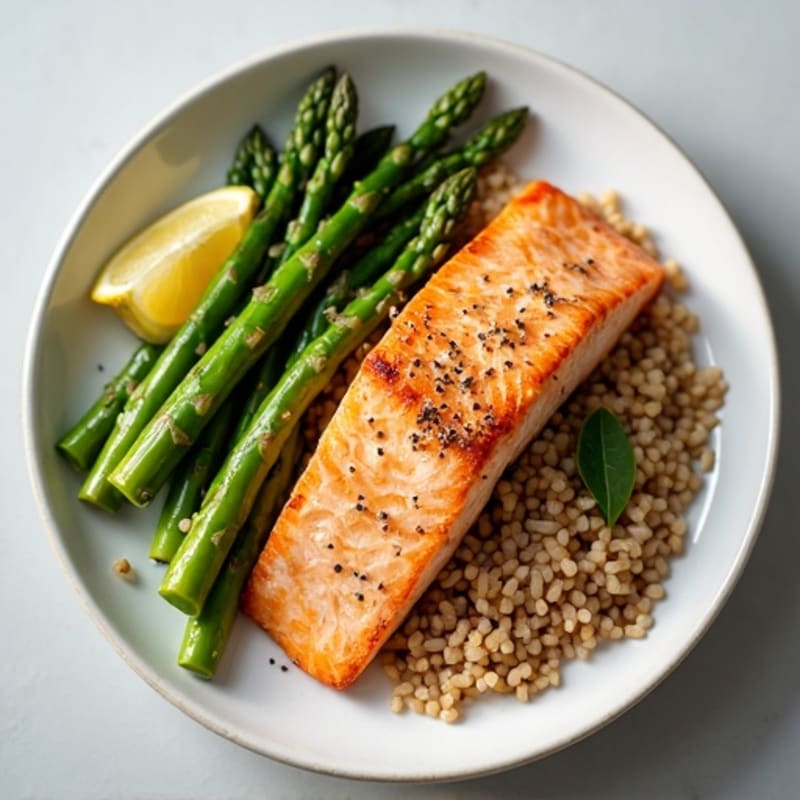 Baked Salmon Fillet with Steamed Asparagus and Brown Rice