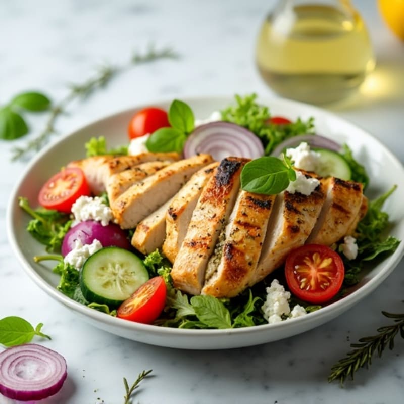 Lemon Herb Grilled Chicken Salad with Crisp Vegetables and Feta