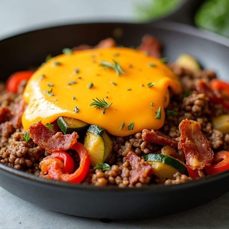 Lean Ground Beef and Crispy Bacon Skillet with Melted Cheddar and Roasted Vegetables