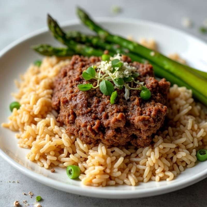 Lean Ground Beef and Brown Rice with Roasted Asparagus