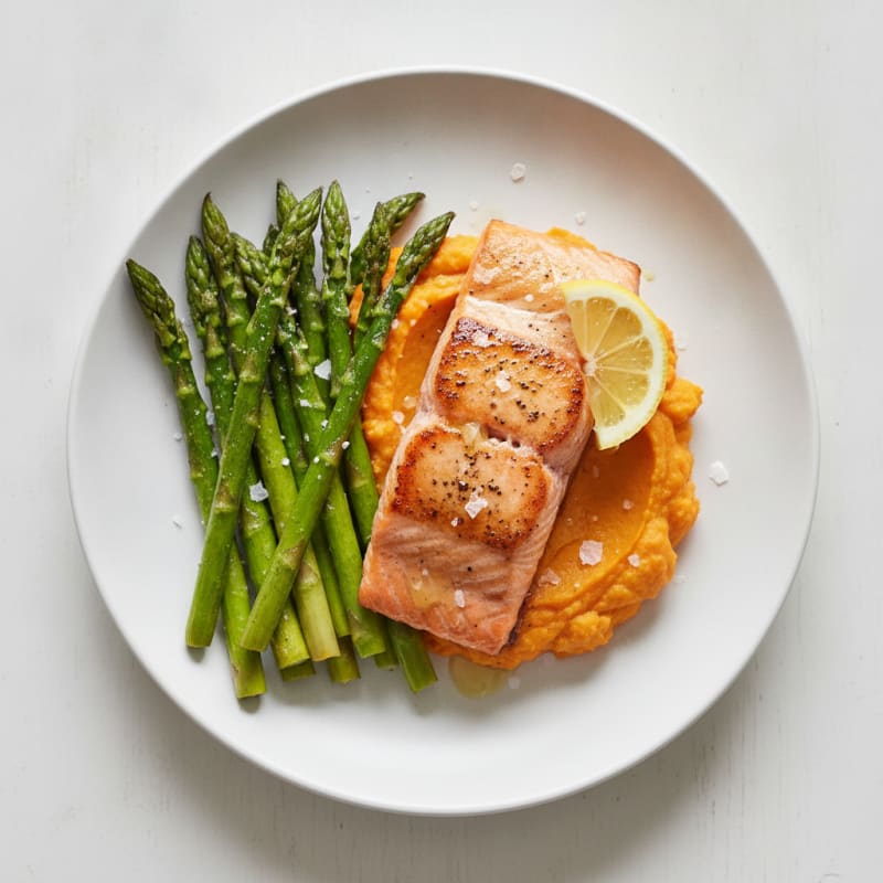 Seared Salmon Fillet with Roasted Asparagus and Sweet Potato Mash