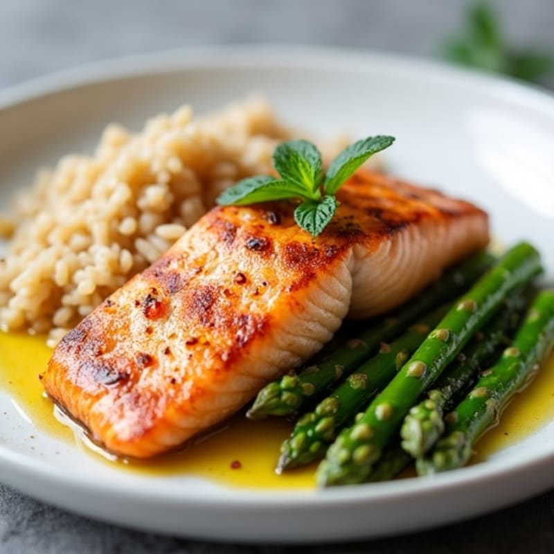 Seared Salmon with Steamed Asparagus and Brown Rice