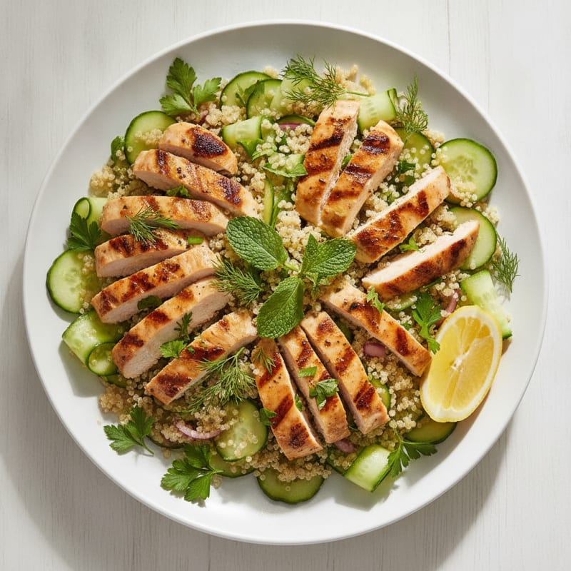 Grilled Chicken Breast and Quinoa Salad with Cucumber