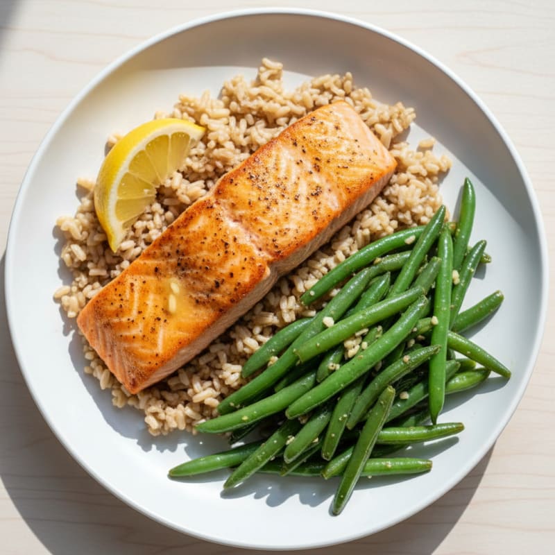 Seared Salmon with Garlic Green Beans and Brown Rice