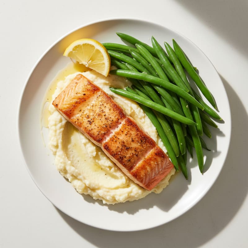 Seared Salmon with Steamed Green Beans and Mashed Cauliflower