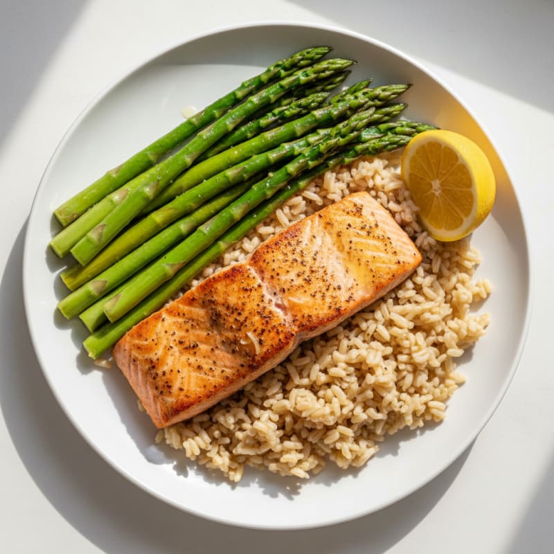 Seared Salmon Fillet with Steamed Asparagus and Brown Rice