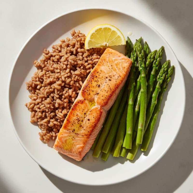 Seared Salmon with Steamed Asparagus and Brown Rice