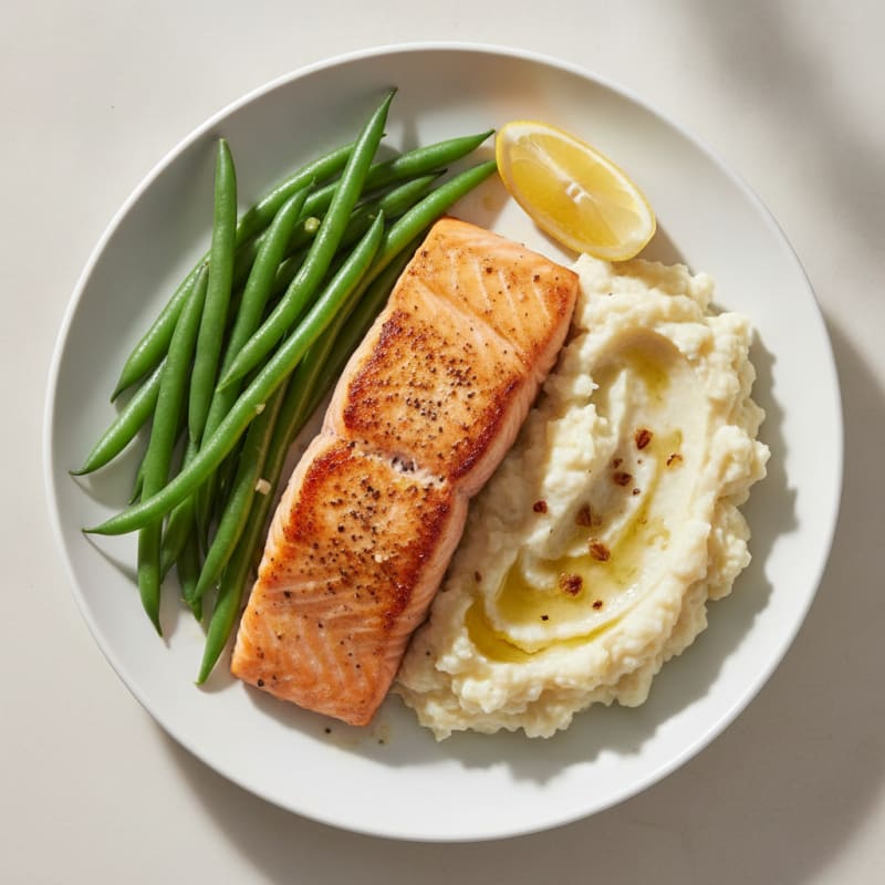 Seared Salmon with Steamed Green Beans and Garlic Mashed Cauliflower