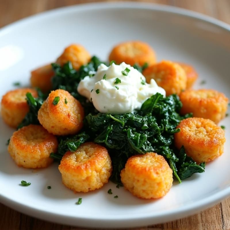 Crispy Sweet Potato Gnocchi with Garlicky Greens