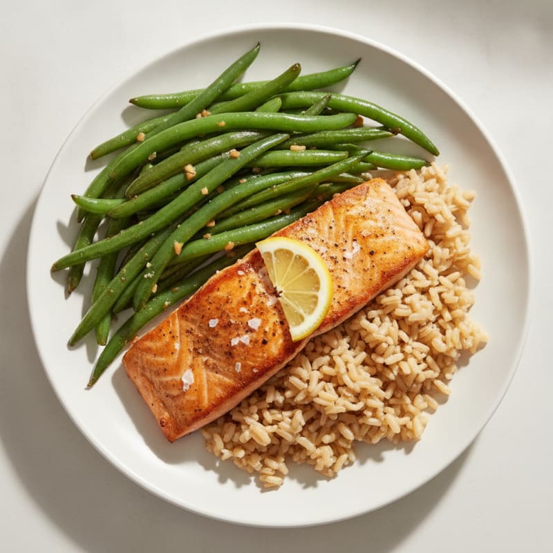 Seared Salmon with Garlic Green Beans and Brown Rice