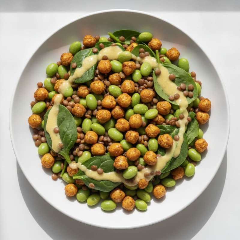 Lentil and Edamame Protein Salad with Roasted Chickpeas