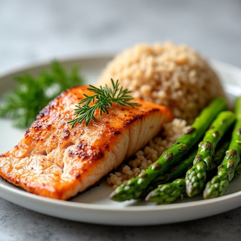 Seared Salmon Fillet with Steamed Asparagus and Brown Rice