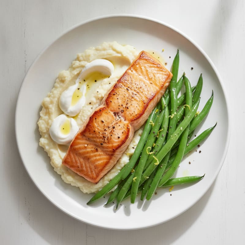 Seared Salmon with Steamed Green Beans and Garlic Cauliflower Mash