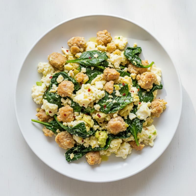 Egg White and Turkey Sausage Scramble with Sautéed Spinach
