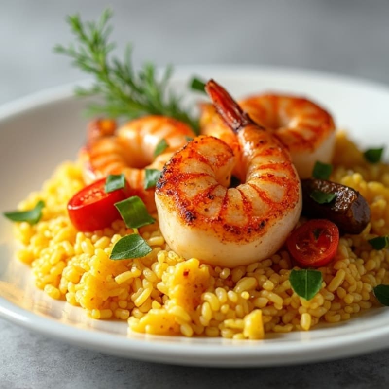 Pan-Seared Seafood with Saffron Rice and Roasted Vegetables