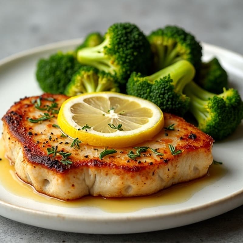Lemon-Herb Pan-Seared Pork Chop with Roasted Broccoli