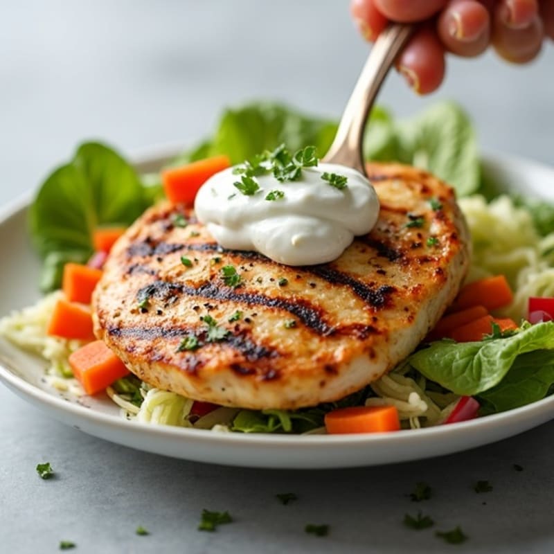 Grilled Chicken Breast with Crunchy Cabbage Slaw and Greek Yogurt Dressing