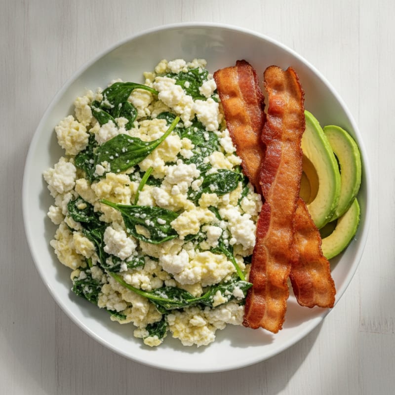 Egg White Spinach Scramble with Cottage Cheese and Turkey Bacon