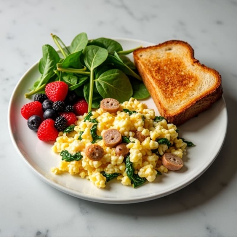 Egg White and Turkey Sausage Scramble with Spinach, Berry Side & Toast Drizzled with Honey