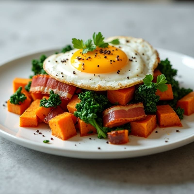 Sweet Potato Hash with Crispy Bacon and Sautéed Greens