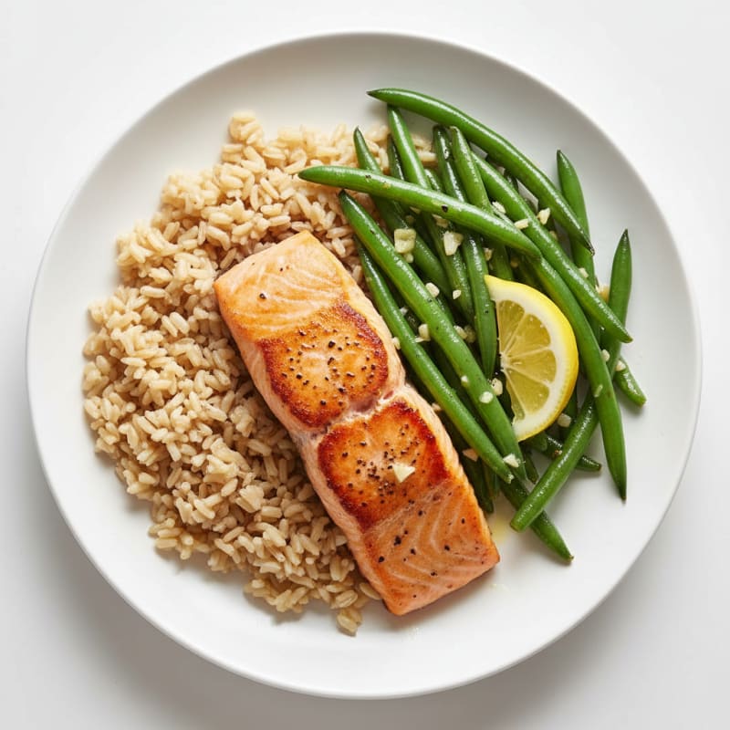 Seared Salmon with Garlic Green Beans and Brown Rice