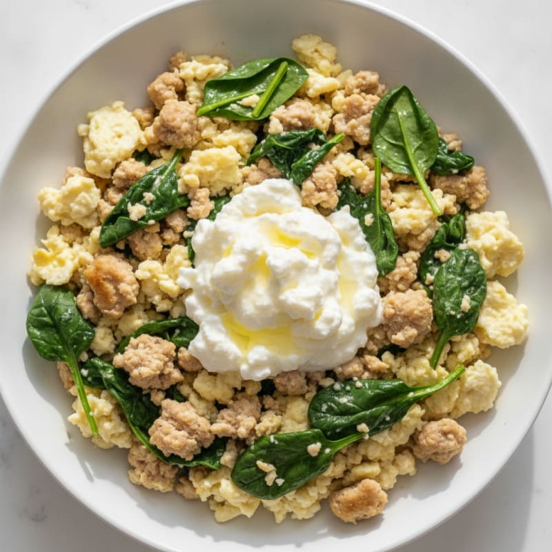 Egg White and Turkey Spinach Scramble with Cottage Cheese