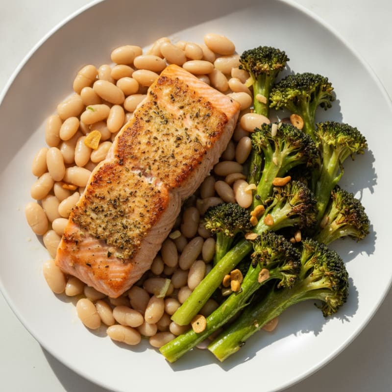 Herb-Seared Salmon with Roasted Broccoli and White Beans