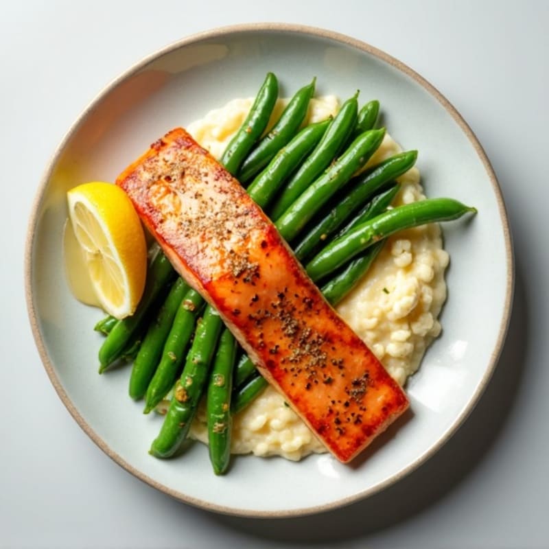 Seared Salmon with Garlic Green Beans and Cauliflower Mash