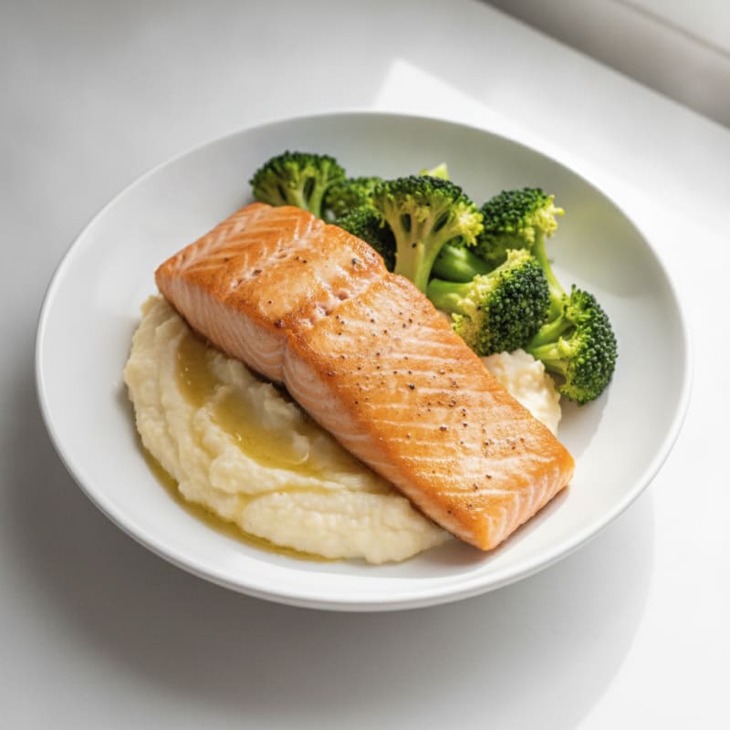 Seared Salmon with Steamed Broccoli and Cauliflower Mash