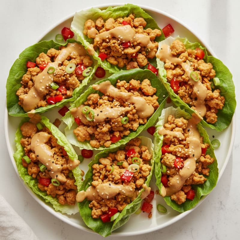 Chicken Mince Lettuce Wraps with Peanut Sauce