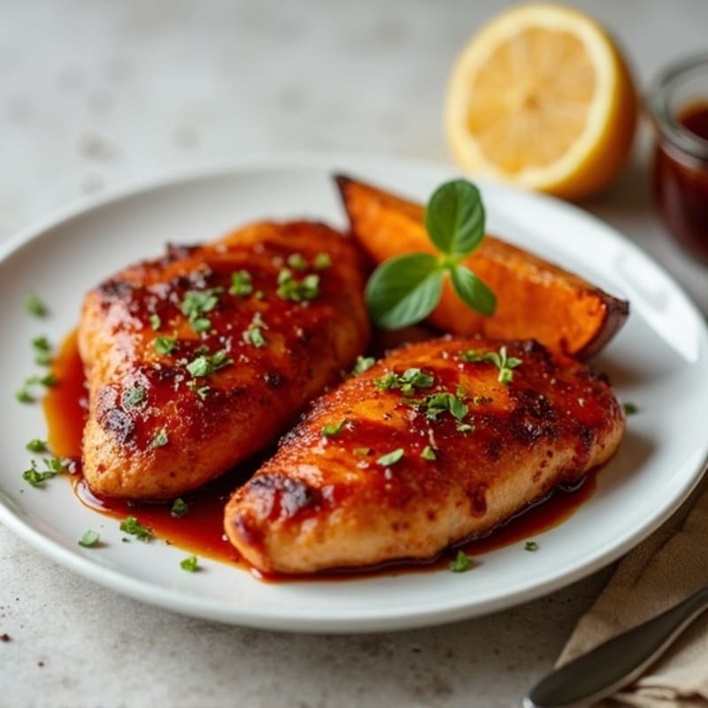 Baked Sticky BBQ Glazed Chicken with Roasted Sweet Potato Wedges