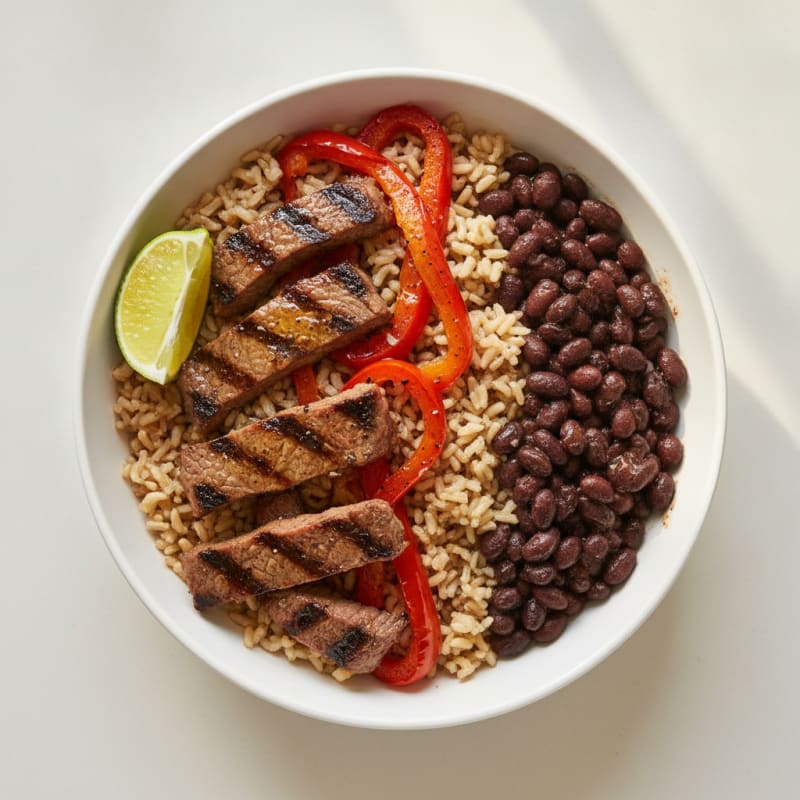 Grilled Beef and Black Bean Bowl with Brown Rice and Roasted Peppers