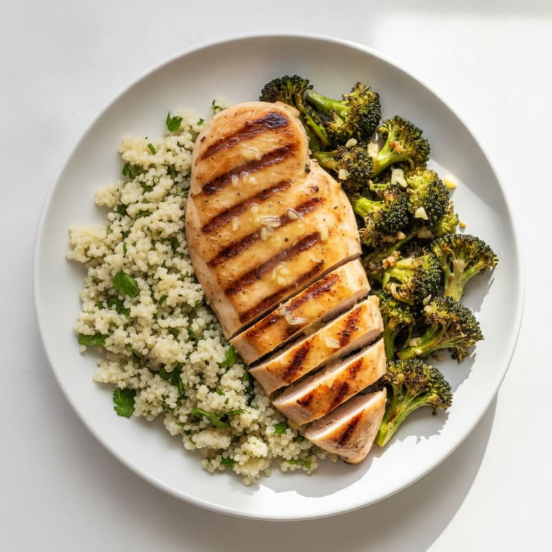 Grilled Lemon-Garlic Chicken Breast with Quinoa and Roasted Broccoli