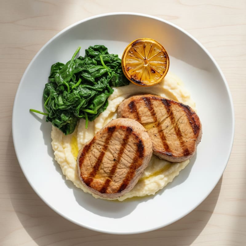 Grilled Seitan Steaks with White Bean Mash and Sauteed Spinach