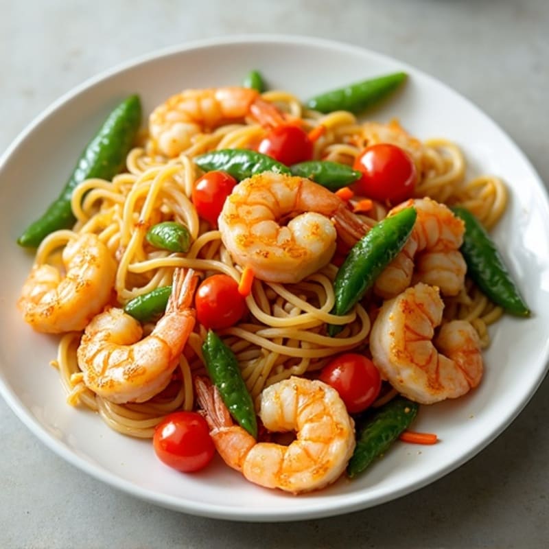 Shrimp and Crisp Vegetable Rice Noodle Stir-Fry with Tangy Peanut Lime Dressing