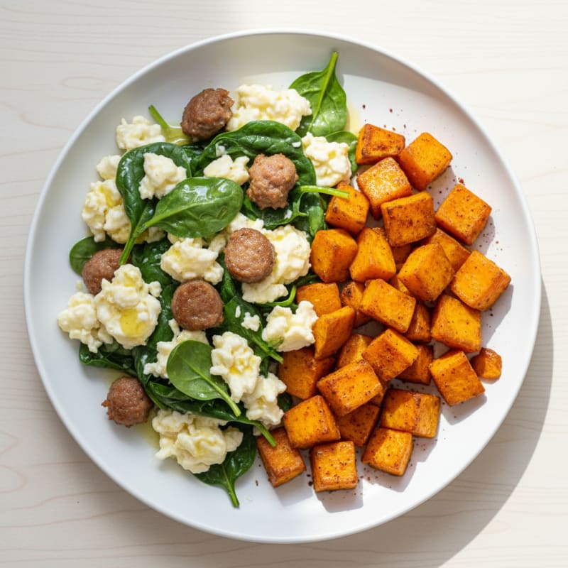 Egg White Spinach Scramble with Turkey Sausage and Roasted Sweet Potatoes