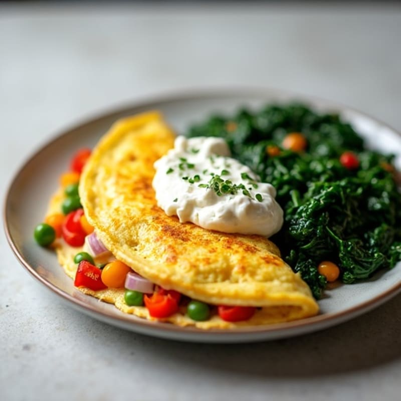 Egg White Veggie Omelet with Cottage Cheese and Sautéed Spinach