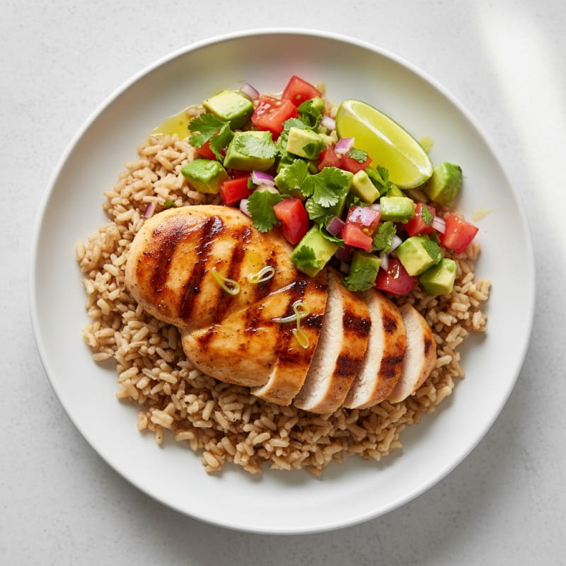 Grilled Chicken Breast with Brown Rice and Avocado Salsa