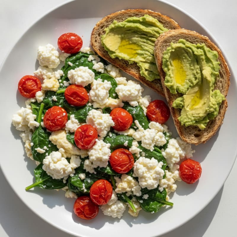 Egg White Spinach Scramble with Cottage Cheese and Cherry Tomatoes