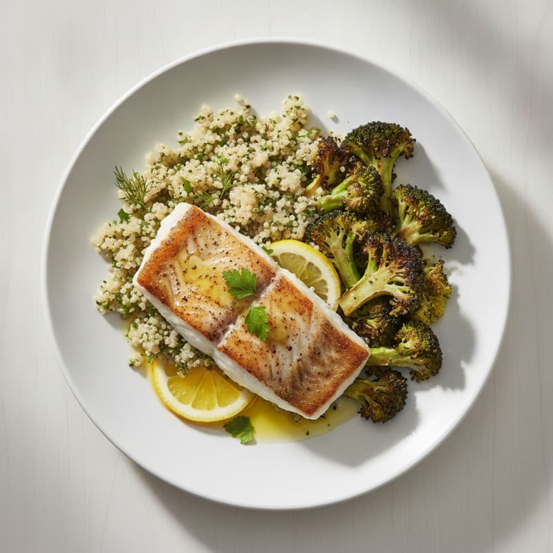 Seared White Fish with Roasted Broccoli and Herb Quinoa