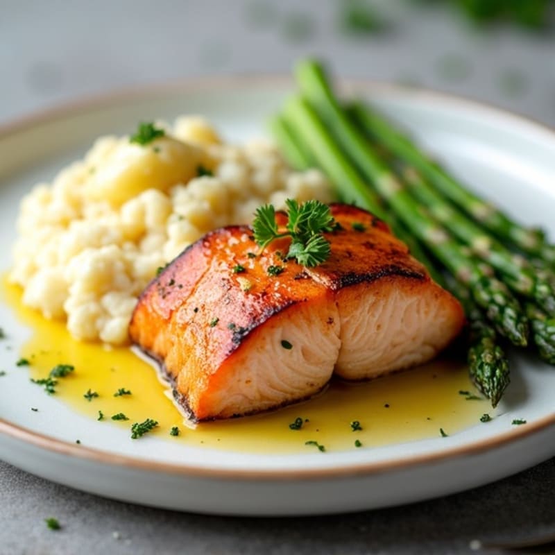 Seared Salmon Filet with Steamed Asparagus and Cauliflower Mash