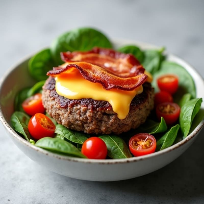 Lean Beef Burger Bowl with Crispy Bacon and Creamy Cheese Sauce