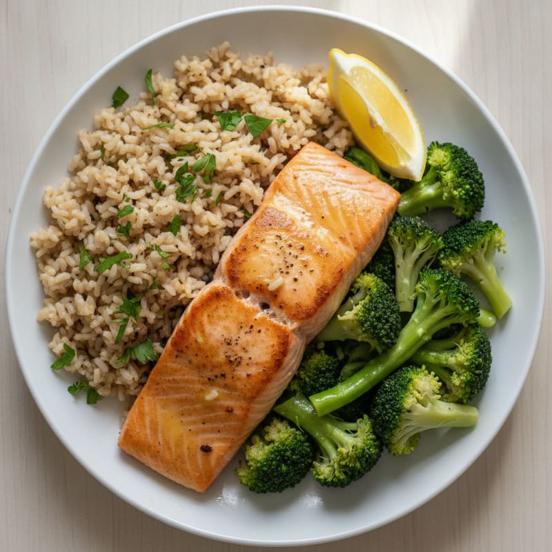 Seared Salmon with Steamed Broccoli and Herb Rice